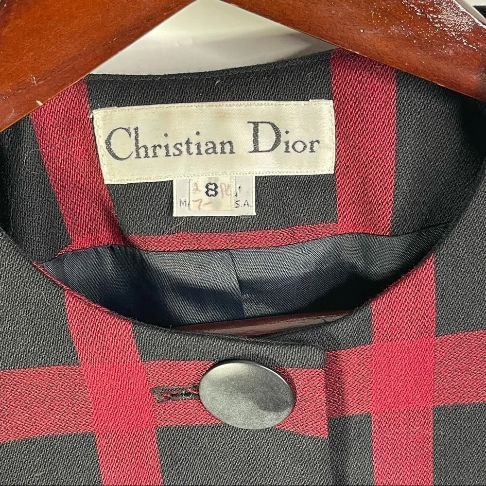 Christian Dior Vintage Wool Plaid Blazer Black Red
